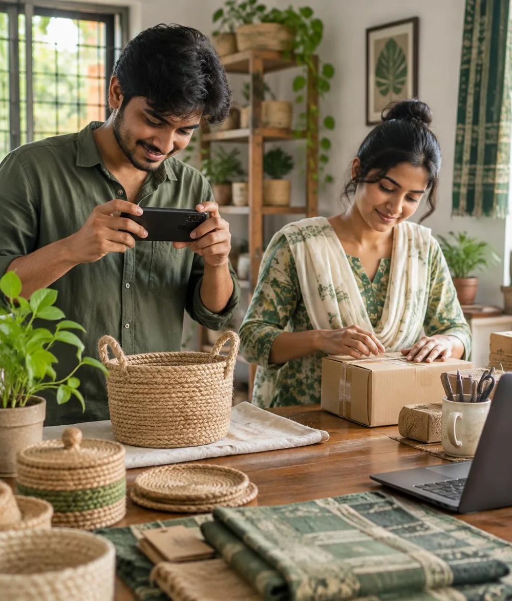 A man and a woman photographing and packing handmade products to sell online